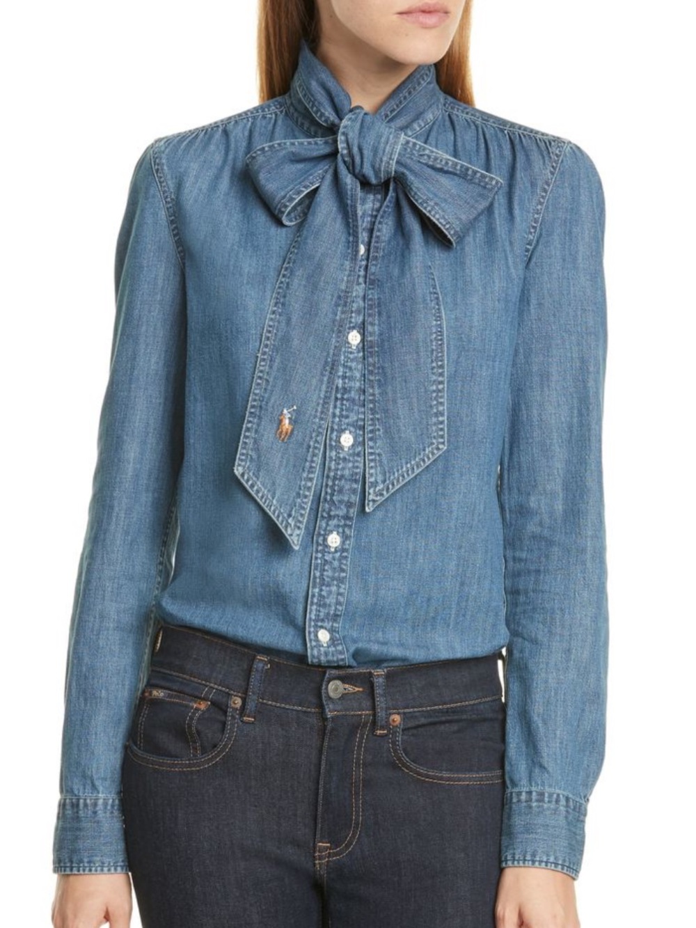 Ralph Lauren Denim & Supply Tie Neck Button Up Long Sleeve Denim Shirt Size 2